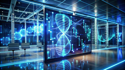 A futuristic corporate setting features a high-tech display with dynamic data visualizations. The sleek design and ambient lighting enhance the modern atmosphere, emphasizing innovation