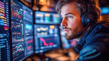 Fototapeta premium Focused man with headset analyzing financial data on multiple screens in office at night
