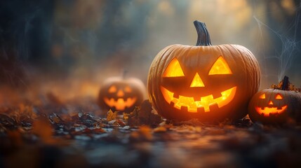 Fototapeta premium Glowing Carved Halloween Pumpkins in Misty Autumn Woodland Scene