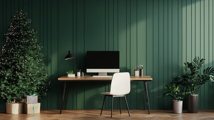 Stylish home office with green walls, a wooden desk, computer, chair, and potted plants for a cozy working environment.