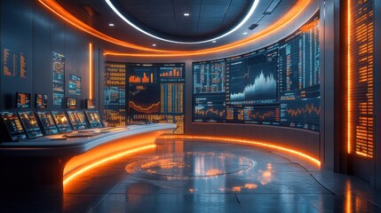 Futuristic financial control center with glowing data screens and digital stock market graphs