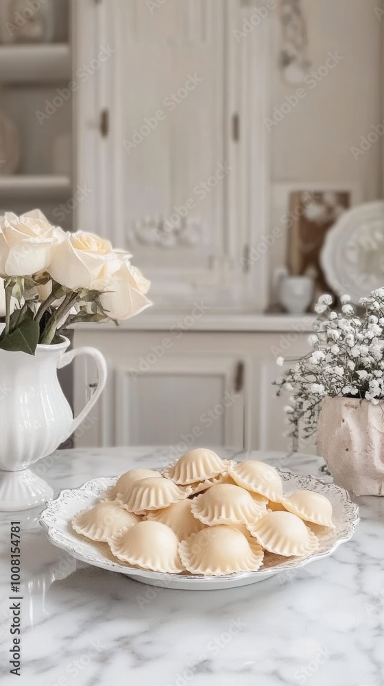 Sticker A table with a plate of cookies and a vase of flowers