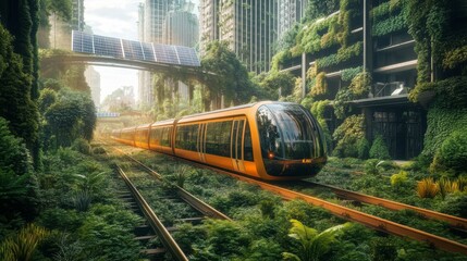 Naklejka premium A futuristic train traveling through a lush overgrown city.