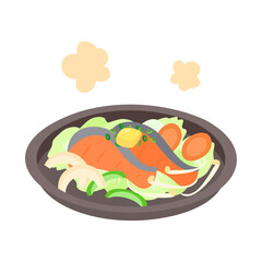 ちゃんちゃん焼き。フラットなベクターイラスト。
Hokkaido style salmon and vegetable hotpot. Flat vector illustration.