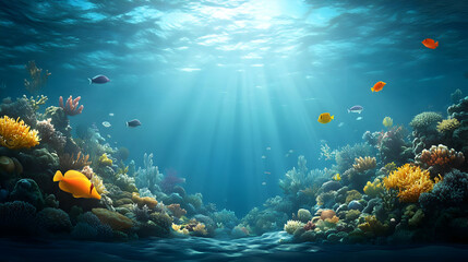 Fototapeta na wymiar Vibrant Underwater Scene with Sunbeams Shining Through the Blue Water and Colorful Fish Swimming Through Coral Reefs