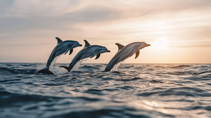 Fototapeta premium Group of Playful Dolphins Jumping Out of the Ocean at Sunset