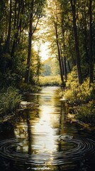 Obraz premium A serene river in the forest, surrounded by tall trees and reeds