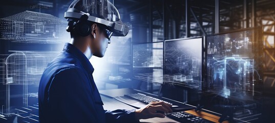 Engineer using augmented reality in a modern workspace for digital design projects