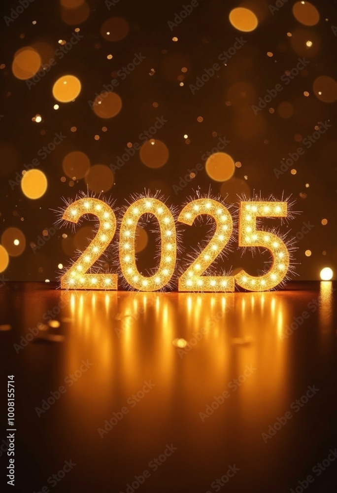 Aufkleber sparkling golden 2025 numerals against glittering bokeh background