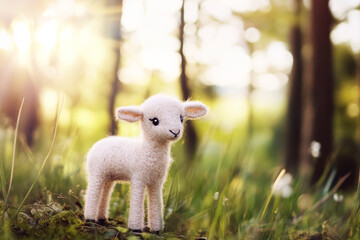 Obraz premium A cute woolen lamb stands in a sunlit meadow surrounded by tall grass and trees