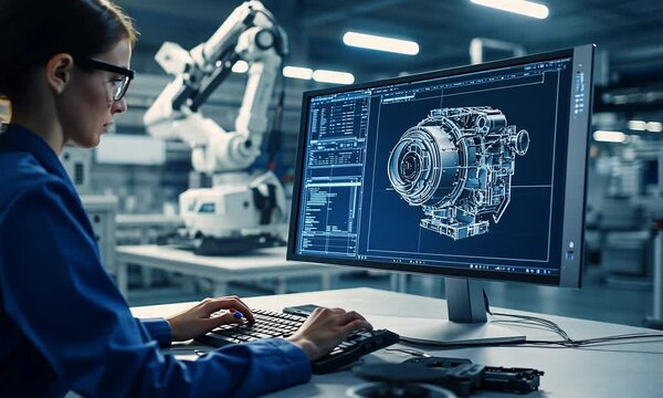 A female engineer works on a computer designing a complex machinery part in a factory setting.