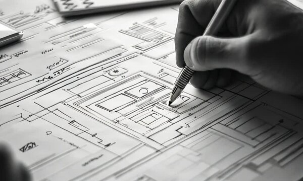 A hand draws a website design on paper with a pen.