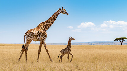 Obraz premium Mother Giraffe Walking Alongside Her Baby Calf Through the African Savannah