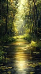 Obraz premium A serene river in the forest, surrounded by tall trees and reeds