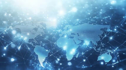 Fototapeta premium The digital world map on a light blue background displays global network connectivity and technological advancements. Reflect the concept of connecting modern economies through generative AI.