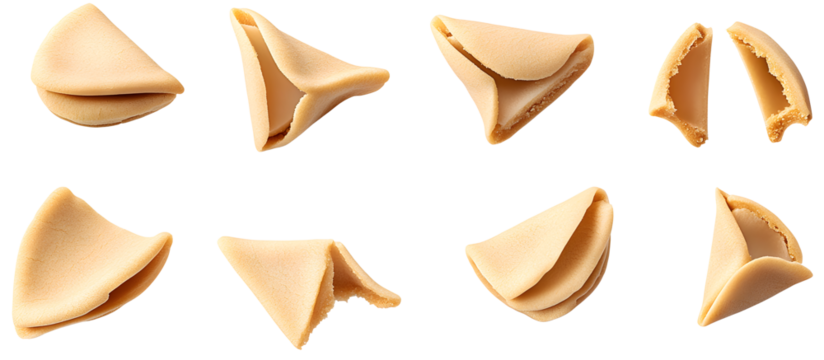 Fortune cookie cookies biscuit wafer pastry dessert on transparent cutout, PNG file. Many assorted different angles, broken, cracked, empty blank note, break. Mockup template for artwork design