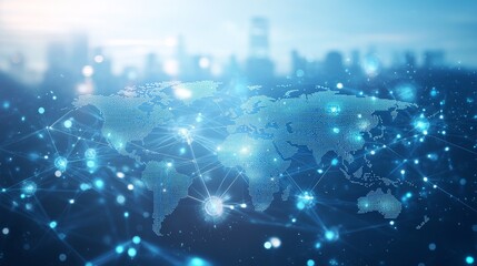 Fototapeta premium The digital world map on a light blue background displays global network connectivity and technological advancements. Reflect the concept of connecting modern economies through generative AI.