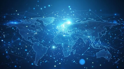 Obraz premium The digital world map on a light blue background displays global network connectivity and technological advancements. Reflect the concept of connecting modern economies through generative AI.
