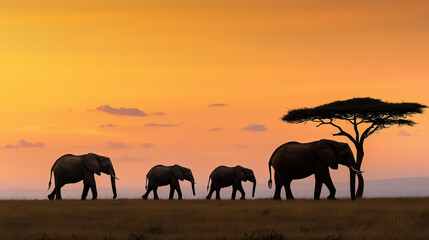 Family of Elephants Walking Across the African Savannah at Sunset