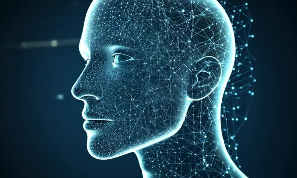 A profile view of a digital human face composed of blue glowing lines and dots.