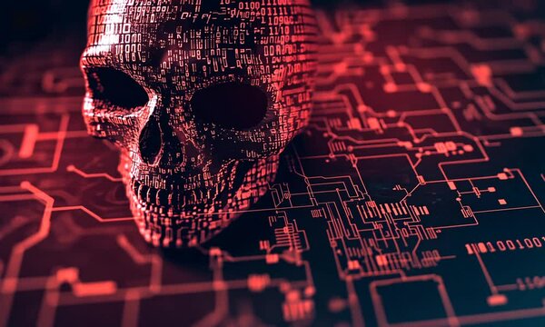 A skull made of binary code glowing red on a circuit board.
