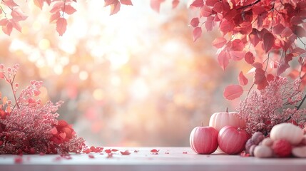 Simplified autumn themed background, using soft pink and warm tones, desktop for displaying models, all items placed on the edges to highlight the focus of the central space.