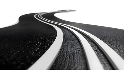 3D render of a curved asphalt road with white lines, isolated on a PNG  white background