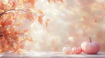 Simplified autumn themed background, using soft pink and warm tones, desktop for displaying models, all items placed on the edges to highlight the focus of the central space.