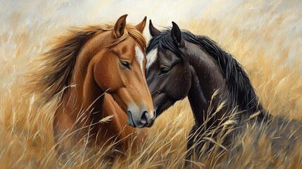 Two horses, a brown and a black, with their heads touching in a field of tall grass.