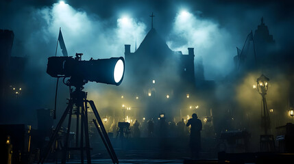 A Silhouette of a Church with a Cross on Top, Illuminated by a Bright Spotlight, Captured in a Smoky, Nighttime Setting.