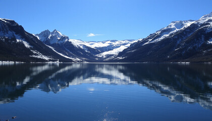 reflection in the lake, Snowy Peaks Reflected in Shimmering Lake