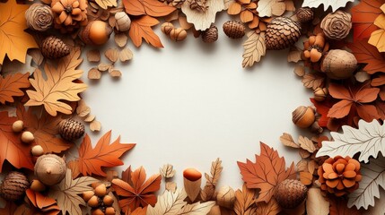 Autumn leaf frame with acorns and nuts, paper cutout art surrounding a white space in the center, perfect for text or design. Seasonal, nature-inspired, and decorative fall concept.