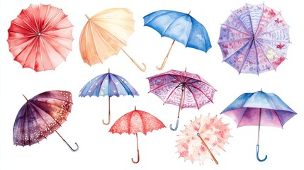 A colorful collection of decorative umbrellas displayed against a white background showcasing various patterns and colors