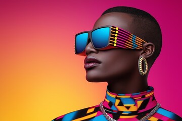 Woman wearing colorful sunglasses and a colorful dress. background is a pink color. Look a like human giraffe wearing human outfit and party sunglasses on a fluorescent electric gradient background