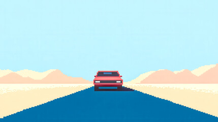 Fototapeta premium Red pixel art car driving on a desert road