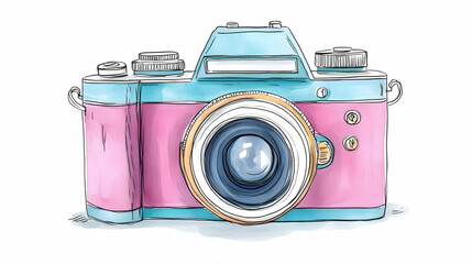 Hand-Drawn Watercolor Illustration of a Pink and Blue Vintage Camera with a Large Lens