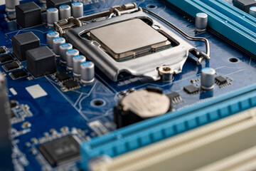 Computer processor CPU chip on the motherboard.