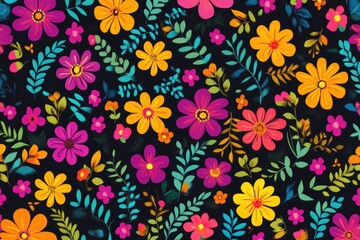 Colorful floral pattern with vibrant summer blossoms on dark background