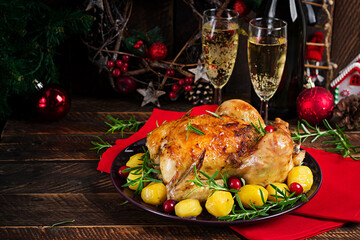 Baked chicken or baked turkey. The Christmas table is served with a turkey. Fried chicken, table...