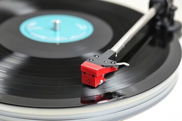 Close-up of turntable needle on vinyl record