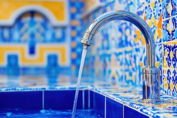 Flowing water fountain with vibrant blue tiles