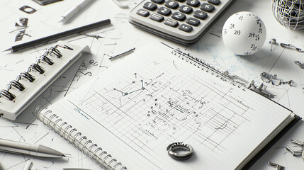 Business workspace with calculator, notebook, and stationery on a desk.