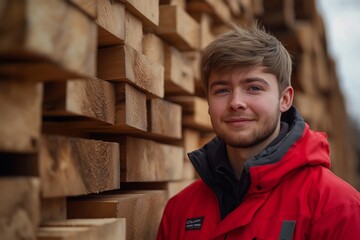 Fototapeta premium Man wearing an orange hard hat and safety glasses. He is smiling. He is standing in a warehouse. Young male worker in timber warehouse