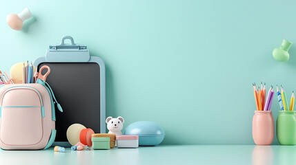 Colorful classroom supplies and backpack on a mint background, perfect for educational themes.