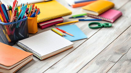 Colorful stationery supplies on a wooden desk, perfect for school or creative projects.