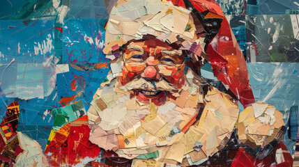 Santa Claus collage art made from cut out magazine images, showcasing vibrant and colorful design.