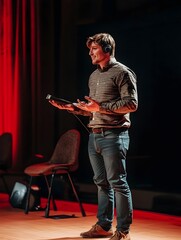 Fototapeta premium Confident Man Delivering Engaging Public Speech on Stage with Red Curtain Backdrop
