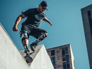 Skateboarder in mid air performing gravity defying trick on urban wall backdrop