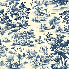 Seamless Toile de Jouy Pattern in Blue and White Shades