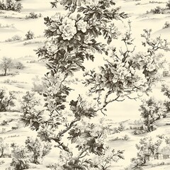 Classic Toile de Jouy Seamless Floral Pattern Design